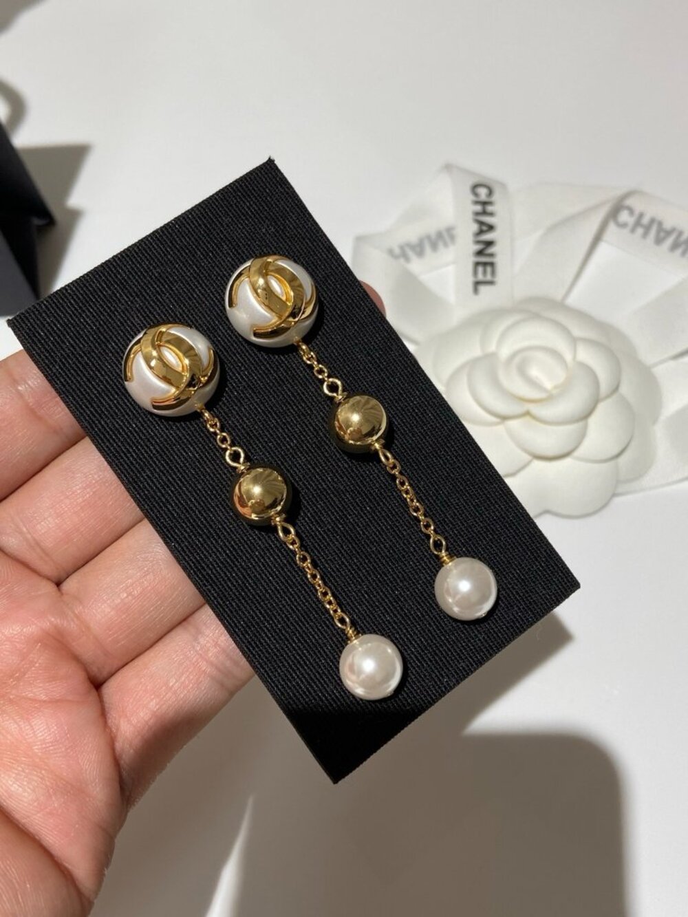 Chanel Gold-Tone White Enamel Ball Pearl Drop Earrings